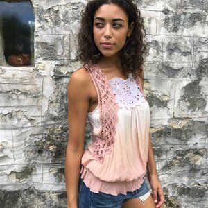 Lace & Eyelet Ombre Sleeveless Top.  Pink & Ivory